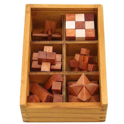 Set of 6 Wooden Kong Ming Lock Interlocking Burr Puzzles - Wooden Puzzle Toys