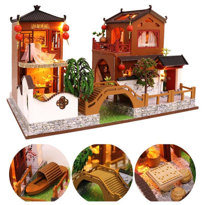 3D DIY Wooden Dollhouses Ancient  Doll House with LEDs and Furniture - Wooden Puzzle Toys