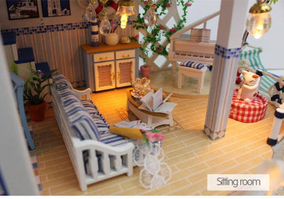 DIY 3D Wooden Beach Dollhouse with Furniture and LED Lights - Wooden Puzzle Toys