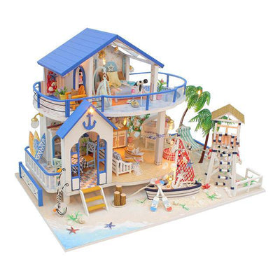 DIY 3D Wooden Beach Dollhouse with Furniture and LED Lights - Wooden Puzzle Toys