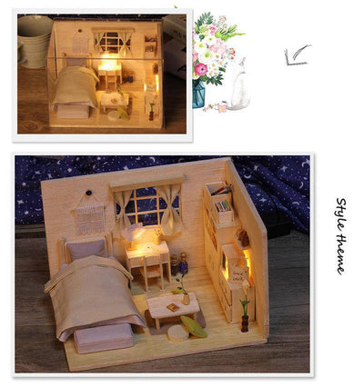 DIY 3D Wooden Bedsitter Dollhouse with Furniture and LED Lights - Wooden Puzzle Toys