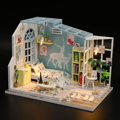 DIY 3D Wooden Bedsitter with Garden Dollhouse with Furniture and LED Lights - Wooden Puzzle Toys