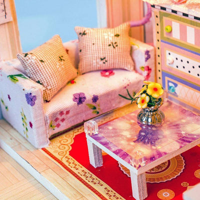DIY 3D Wooden Purple Dollhouse with Furniture and LED Lights - Wooden Puzzle Toys