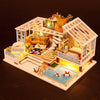 DIY 3D Wooden Swimming Pool Dollhouse with Furniture and LED Lights - Wooden Puzzle Toys