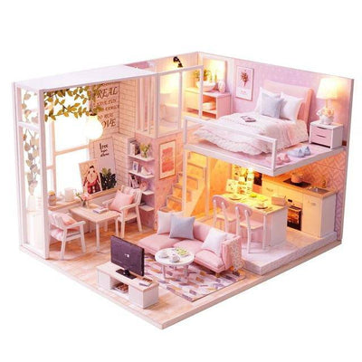 DIY 3D Wooden Small Dollhouse with Furniture and LED Lights - Wooden Puzzle Toys