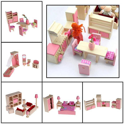 Wooden Dollhouse Pink Furniture - Wooden Puzzle Toys