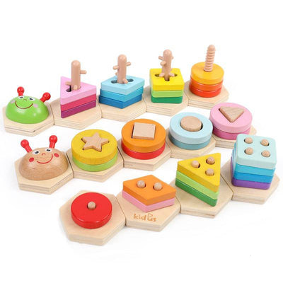 5-Column Educational Wooden Geometric Caterpillar Puzzle - Wooden Puzzle Toys