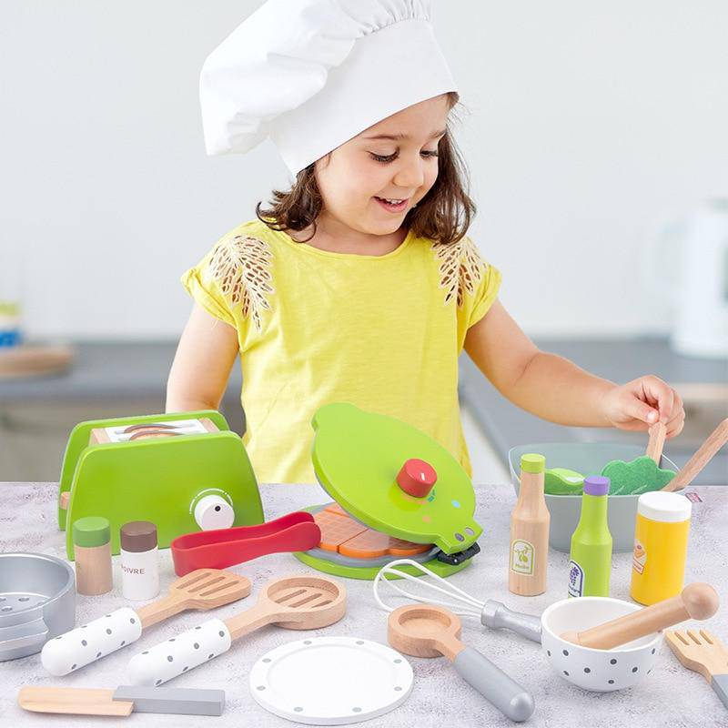 Children Pretend Play Wooden Kitchen Toy Simulation Cookies Cooking Game  Montessori Educational Play House Toys For Toddler Gift