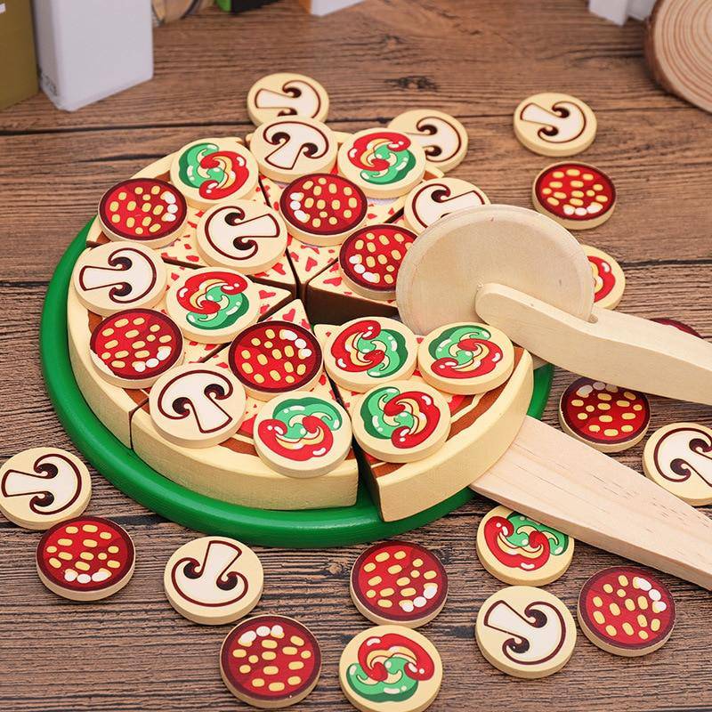 Pillowhale Wooden Pizza Toy Set,Kids Pretend Play Food for Kitchen,Wooden Pizza Counter Play Set,Play Kitchen Accessories for Toddlers Boys Girls