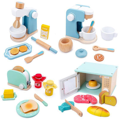 Wooden Pretend Play Set with Microwave Oven Toaster Bread Maker Coffee Machine Blender Baking Kit Mixer - Wooden Puzzle Toys