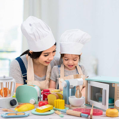 Wooden Pretend Play Set with Microwave Oven Toaster Bread Maker Coffee Machine Blender Baking Kit Mixer - Wooden Puzzle Toys