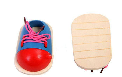 Red/Blue/Pink Wooden Shoe Tying Toy - Wooden Puzzle Toys