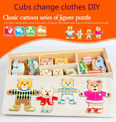 Wooden Bear or Rabbit Family Change Clothes Toys - Wooden Puzzle Toys