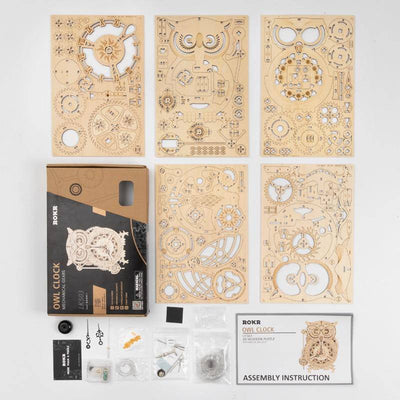 3D DIY Robotime Rokr Model Mechanical Transmission 161pcs Owl Clock with Alarm - Wooden Puzzle Toys