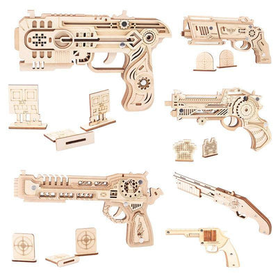 3D Model Mechanical Transmission Puzzle Toys: 6 Wooden Toy Firearms with Rubber Band Bulletss - Wooden Puzzle Toys