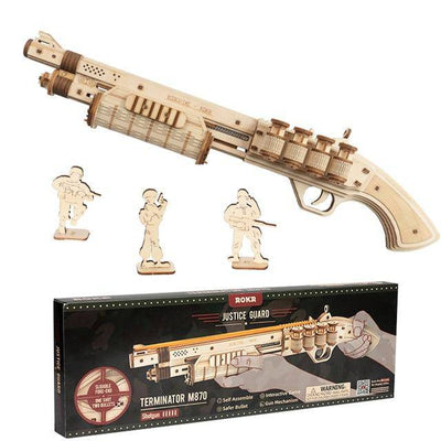 3D Robotime ROKR Model Mechanical Transmission Puzzle Toys: Shotgun and Revolver with Rubber Band Bullets - Wooden Puzzle Toys