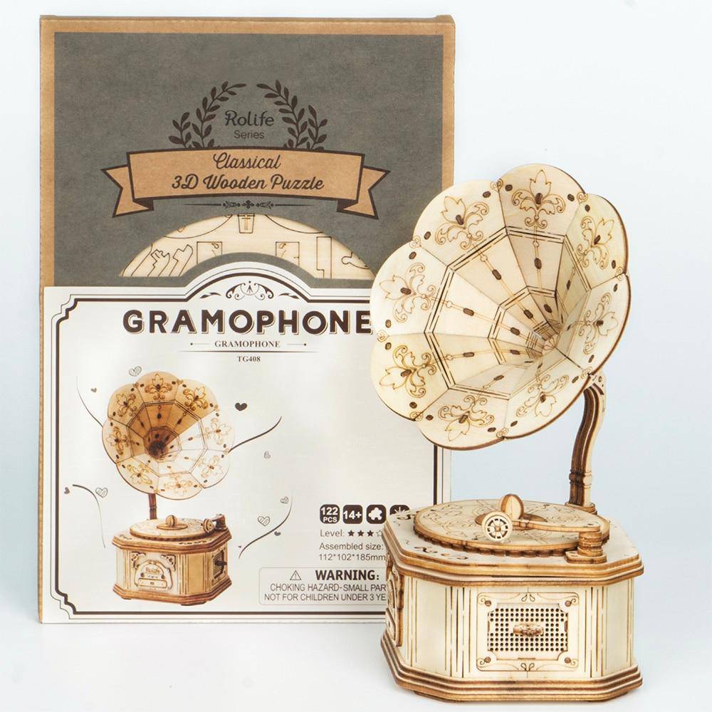 Robotime 3D Wooden Puzzles: Gramophone, Coach, Hot Air Balloon and