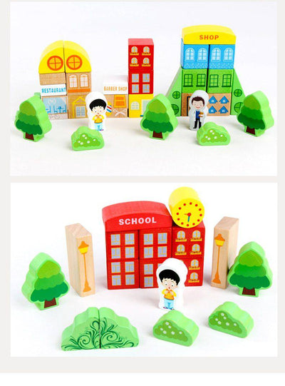 Wooden City Traffic Scenes Geometric Building Blocks - Wooden Puzzle Toys